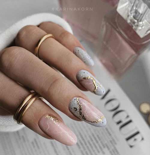 Long nude nails with foil