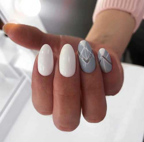 Gray with sequins and geometry manicure