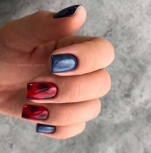 Two-tone red and blue manicure