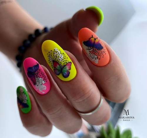 Bright nails with butterflies