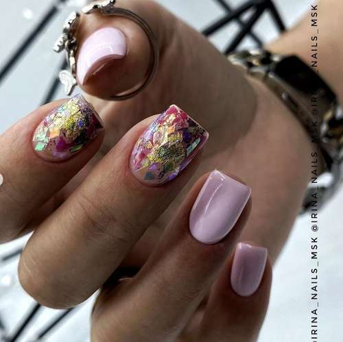 Pink manicure with colored foil