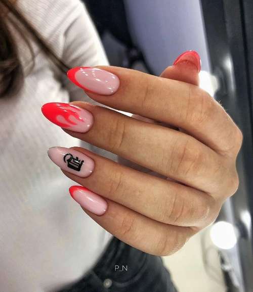 Long french nails with a pattern of fire