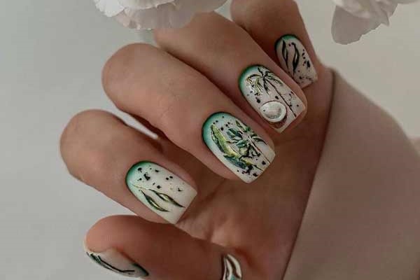 Short manicure with coconut drawings