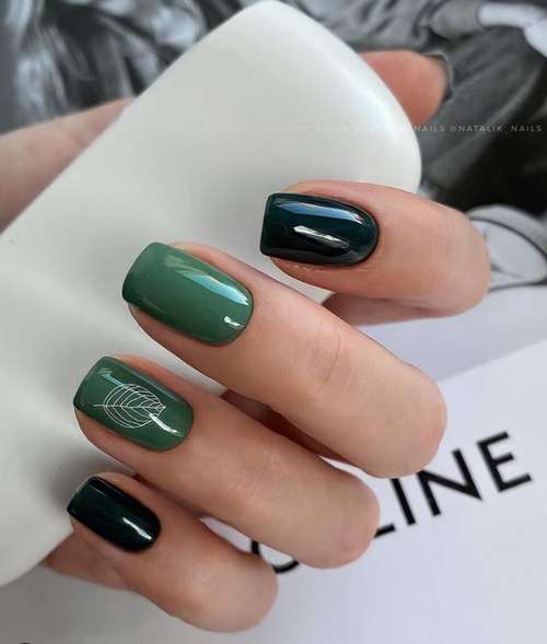 Green manicure with leaf