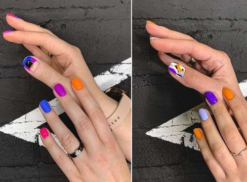 Short multicolored nails with abstraction