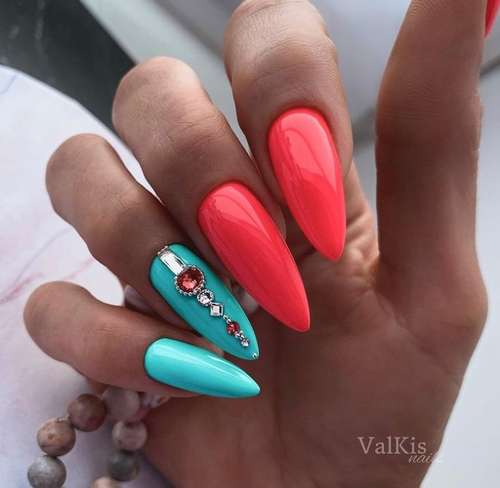 Turquoise long nails with rhinestones