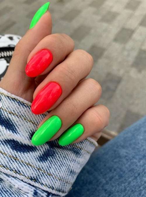 Bright green and red manicure