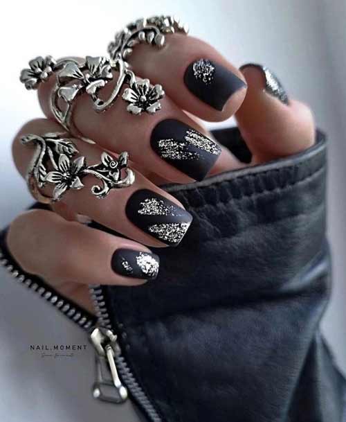 Black with silver short square nails