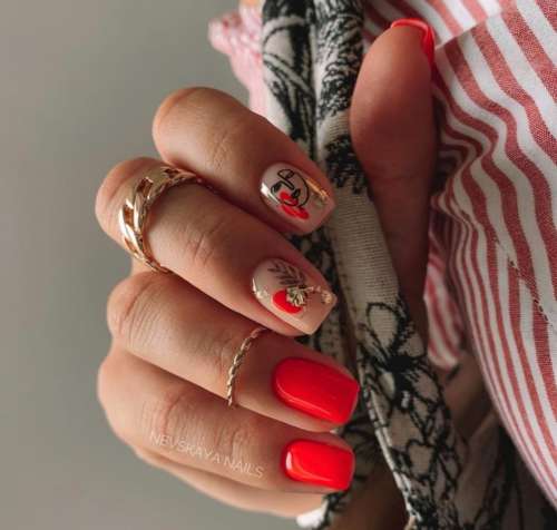 Red and beige manicure with foil