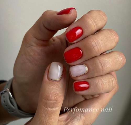 Milky red manicure with stripes