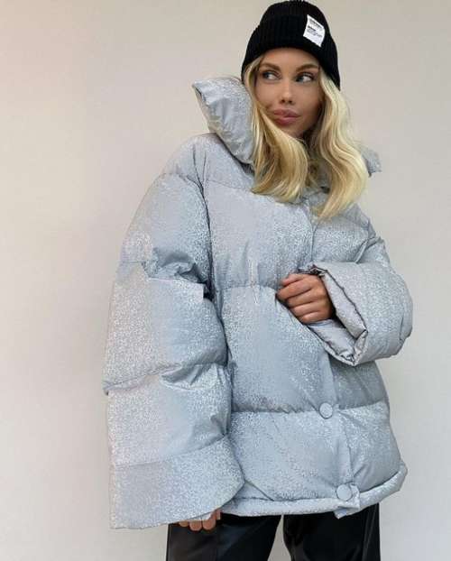 Gray down jacket with a high collar