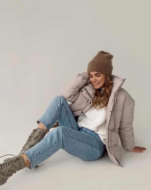 Beige women's winter down jacket