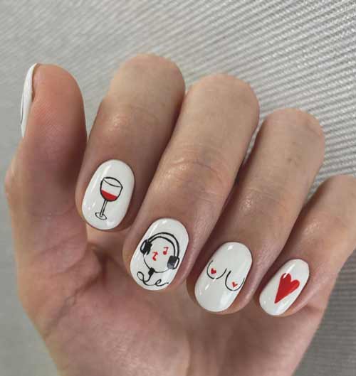 White with drawings manicure