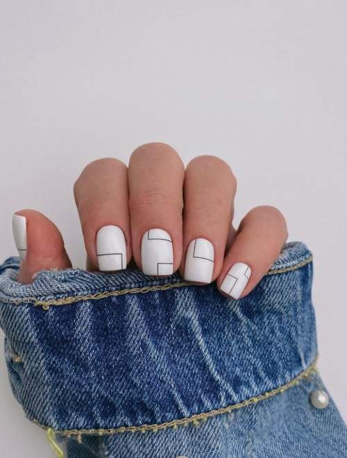 White short manicure with stripes