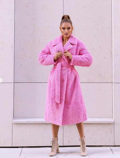 Pink fur coat with belt